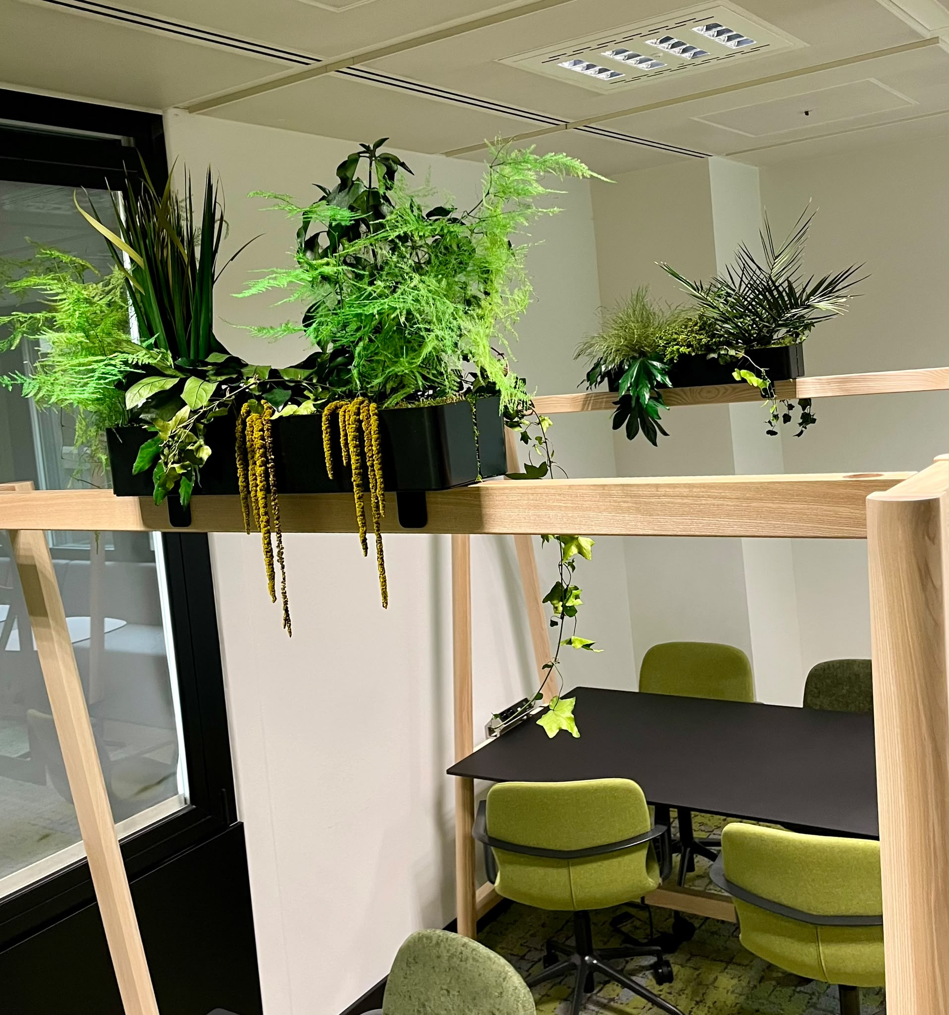 Jardinière végétale stabilisée intégrée au mobilier bois d'un espace de réunion, BIL Luxembourg, Inoffice